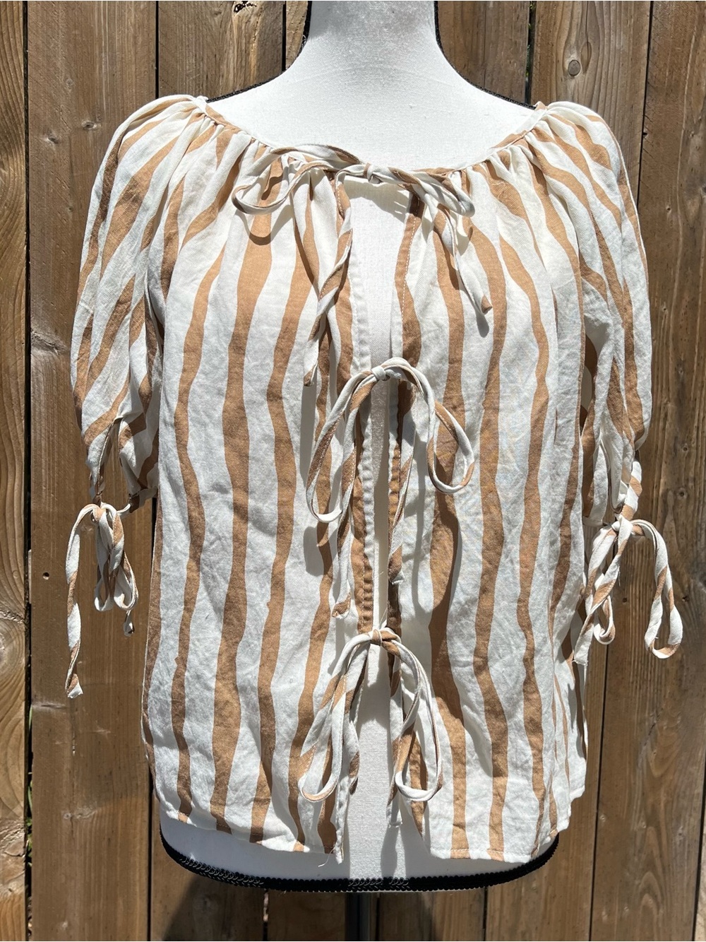Petal & Pup Piratecore Striped  Tie-Front Blouse in Cream and Tan
